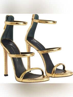 Giuseppe Zanotti Metallic Gold Croc-Embossed Strappy Stiletto Sandals